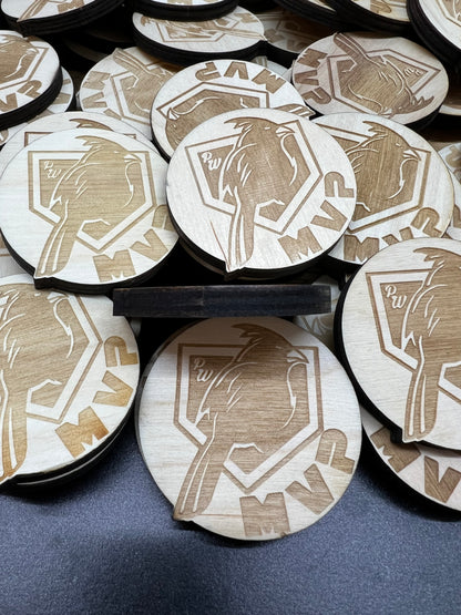 Wood Tokens / Coins, Challenge Coins, 2", Single Side Engraving